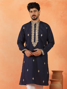 Kraft India - Cotton Silk Sequenced and Embroidered Navy Blue Festive Kurta