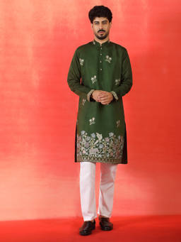 Kraft India - Cotton Silk Ethnic Motifs Embroidered Green Festive Kurta