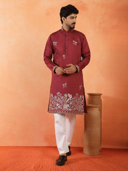 Kraft India - Cotton Silk Ethnic Motifs Embroidered Maroon Festive Kurta