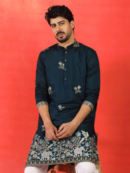 Kraft India - Cotton Silk Ethnic Motifs Embroidered Navy Blue Festive Kurta