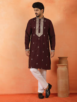 Kraft India - Cotton Silk Yoke Design Embroidered Wine Festive Kurta