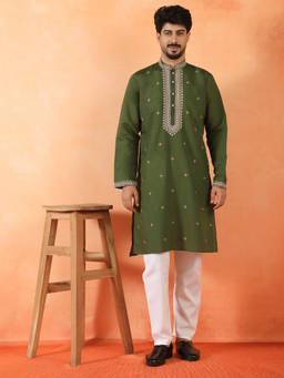 Kraft India - Cotton Silk Yoke Design Embroidered Green Festive Kurta