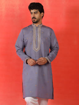 Kraft India - Cotton Silk Yoke Design Embroidered Grey Festive Kurta