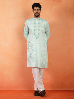 Kraft India - Cotton Silk Embroidered Floral Mint Green Kurta
