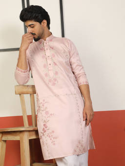 Kraft India - Cotton Silk Embroidered Floral Pink Kurta
