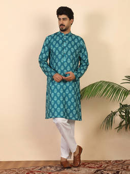 Kraft India - Ethnic Motifs Jaipuri Printed Cotton Teal Blue Kurta