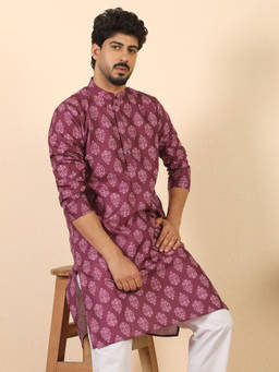 Kraft India - Ethnic Motifs Jaipuri Printed Cotton Wine Kurta