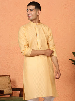 Kraft India - Cotton Stripe Knee Length Beige Kurta