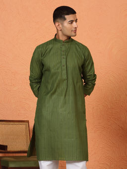 Kraft India - Cotton Stripe Knee Length Olive Green Kurta