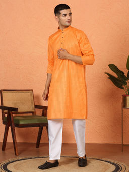 Kraft India - Cotton Stripe Knee Length Orange Kurta