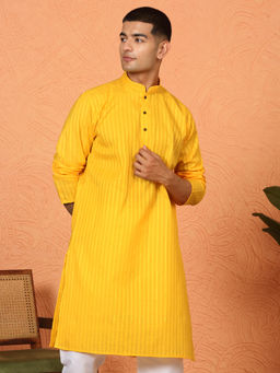 Kraft India - Cotton Stripe Knee Length Yellow Kurta