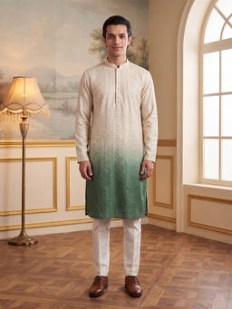 ETHNIC BAY - Mens Beige Silk Blend Solid Embroidered Kurta
