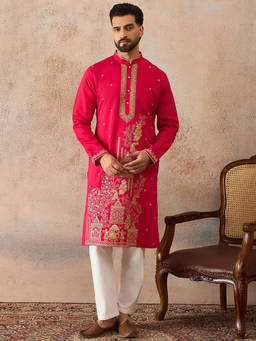 ETHNIC BAY - Men Pink Viscose Rayon Solid Embroidered Straight Kurta