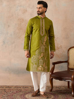 ETHNIC BAY - Men Green Viscose Rayon Solid Embroidered Straight Kurta