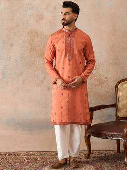 ETHNIC BAY - Mens Orange Silk Blend Solid Embroidered Kurta