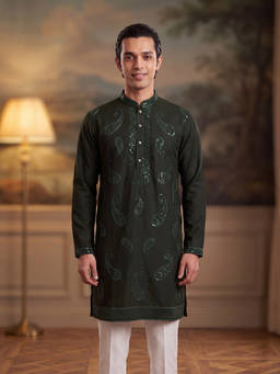 ETHNIC BAY - Mens Green Silk Blend Solid Embroidered Kurta