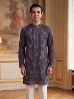 ETHNIC BAY - Mens Grey Silk Blend Solid Embroidered Kurta