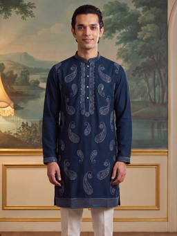 ETHNIC BAY - Mens Teal Silk Blend Solid Embroidered Kurta