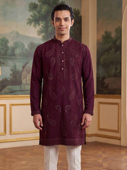 ETHNIC BAY - Mens Maroon Silk Blend Solid Embroidered Kurta