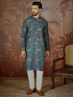 ETHNIC BAY - Mens Multicolor Linen Geometric Printed Kurta
