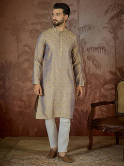 ETHNIC BAY - Mens Grey Jacquard Geometric Embroidered Kurta