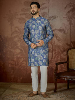 ETHNIC BAY - Mens Blue Silk Blend Floral Printed Kurta