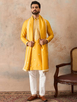 ETHNIC BAY - Mens Yellow Silk Blend Solid Embroidered Kurta With Dupatta