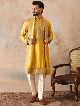 ETHNIC BAY - Mens Yellow Silk Blend Solid Embroidered Kurta with Dupatta