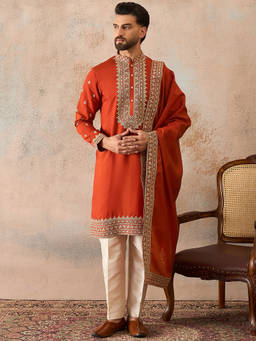 ETHNIC BAY - Mens Orange Silk Blend Solid Embroidered Kurta with Dupatta