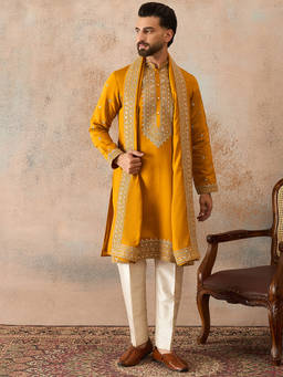 ETHNIC BAY - Mens Mustard Silk Blend Solid Embroidered Kurta with Dupatta