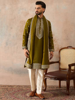 ETHNIC BAY - Mens Green Silk Blend Solid Embroidered Kurta with Dupatta
