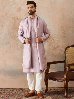 ETHNIC BAY - Mens Lavender Silk Blend Solid Embroidered Kurta With Dupatta