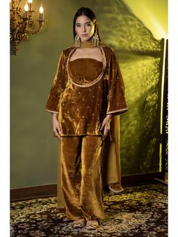 Urban Sundari - Motifs Velvet Mustard Kurta With Palazzo & Dupatta