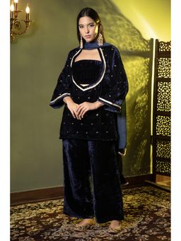 Urban Sundari - Motifs Velvet Navy Blue Kurta With Palazzo & Dupatta