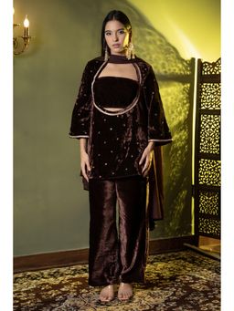 Urban Sundari - Motifs Velvet Wine Kurta With Palazzo & Dupatta
