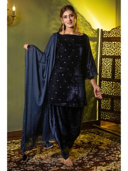 Urban Sundari - Motifs Velvet Navy Blue Kurta With Palazzo & Dupatta