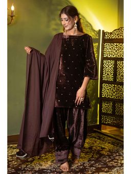 Urban Sundari - Motifs Velvet Wine Kurta With Palazzo & Dupatta