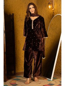 Urban Sundari - Motifs Sequinned Velvet Wine Kurta With Palazzo & Dupatta
