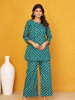 KAFTANIZE - Blue Color With All Over Yellow Color Floral Printed Co-Ord Set