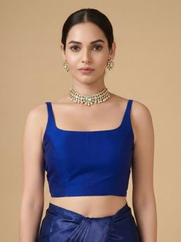 SALWAR STUDIO - Royal Blue Taffeta Solid Sleeveless Saree Blouse