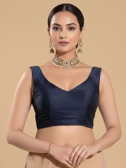 SALWAR STUDIO - Navy Blue Silk Solid Sleeveless Readymade Saree Blouse