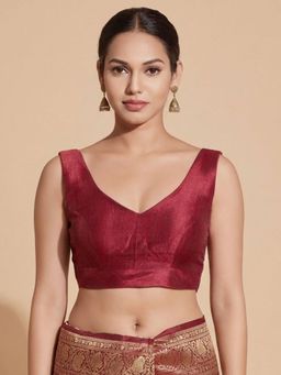 SALWAR STUDIO - Maroon Silk Solid Sleeveless Readymade Saree Blouse