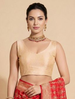 SALWAR STUDIO - Cream Silk Solid Sleeveless Readymade Saree Blouse