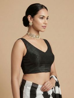 SALWAR STUDIO - Black Silk Solid Sleeveless Readymade Saree Blouse