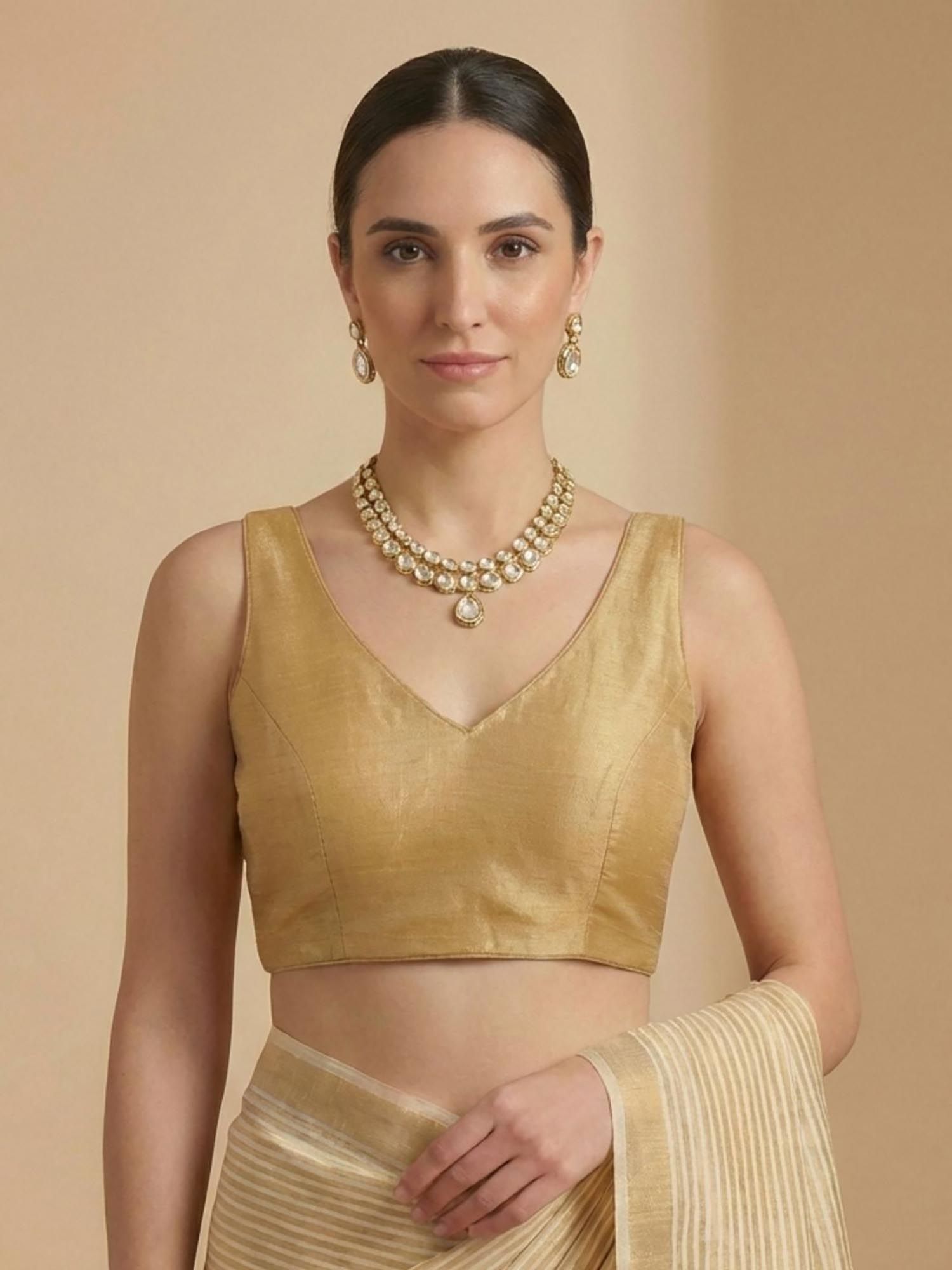 salwar studio Gold Silk Solid Sleeveless Readymade Saree Blouse-picture-18