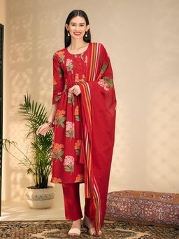 FASHOR - Floral Printed A-Line Pleated Kurta With Pant & Dupatta