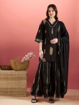 FASHOR - Embellished Printed Straight Kurta With Sharara & Dupatta
