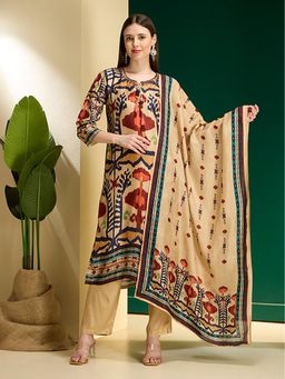 FASHOR - Festive Ikat Printed Embroidered Straight Kurta With Pant & Dupatta - Multi