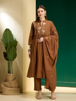 FASHOR - Floral Embroidered A-Line Pleated With Pant & Dupatta