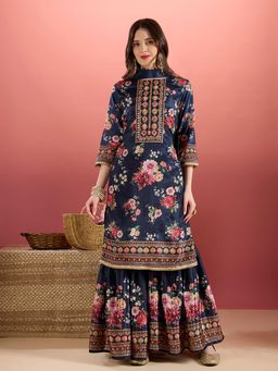FASHOR - Floral Printed & Mirror Work Straight Kurta With Sharara & Dupatta
